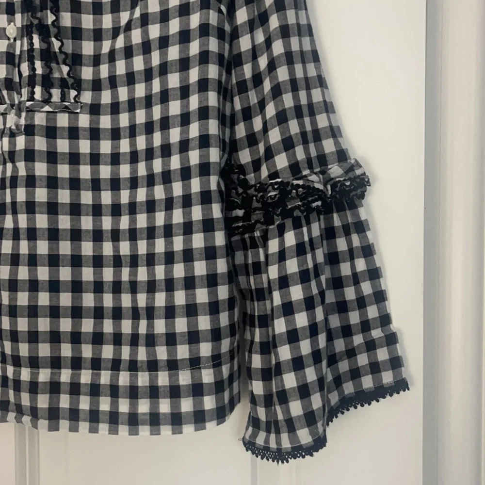 J.Crew Embroidered Black and White Bell-Sleeve Gingham Top